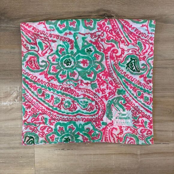 Vintage 90s Givenchy Fleur d'Interdit Silk Scarf Pink Green White Print Designer - Picture 1 of 4